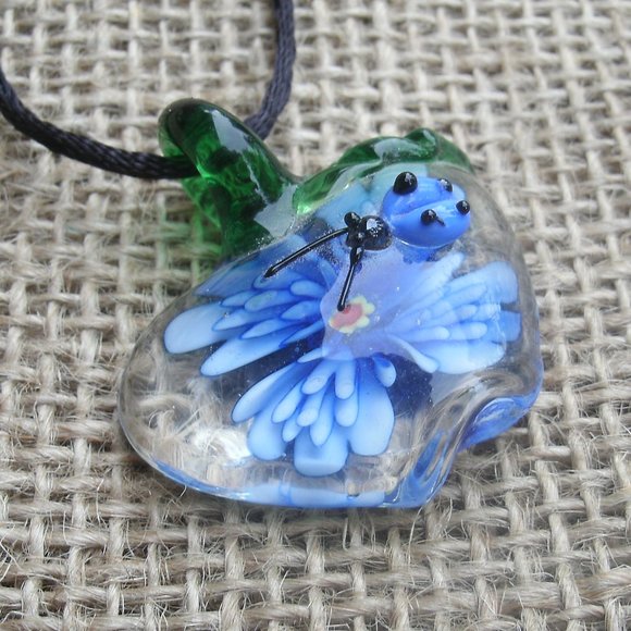 Murano Glass Apple Lady Bug Blue Flower Necklace - Picture 5 of 14